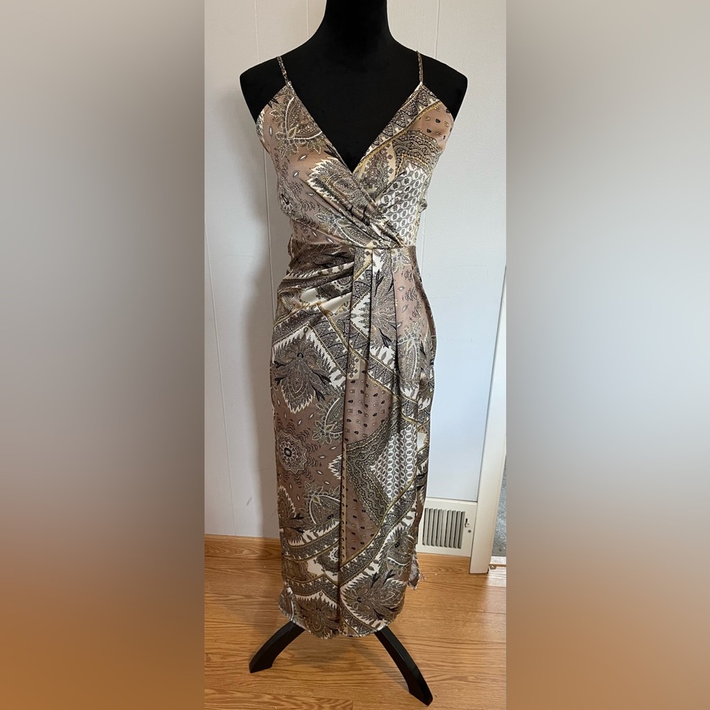 Satin Paisley Print Faux Wrap Dress